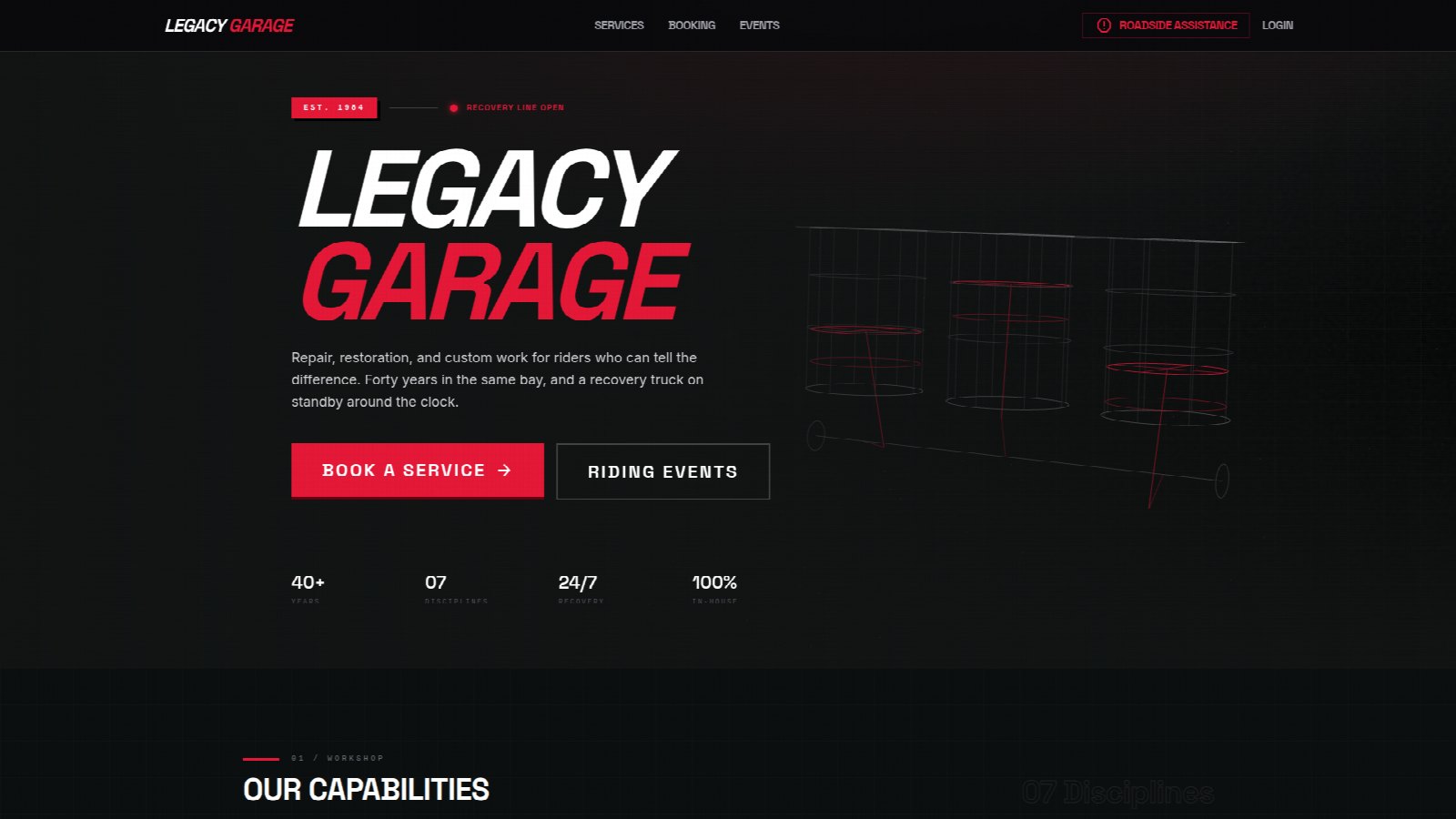 Legacy Garage homepage, with roadside assistance in the masthead