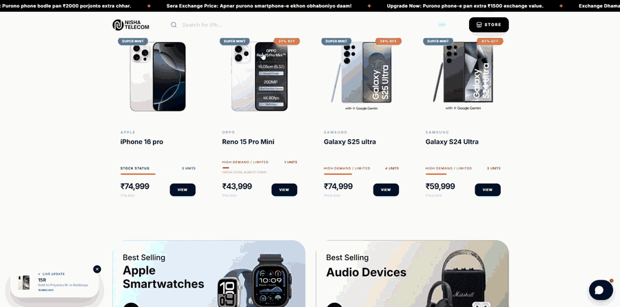 The Nisha Telecom storefront, from latest arrivals through to a device condition report